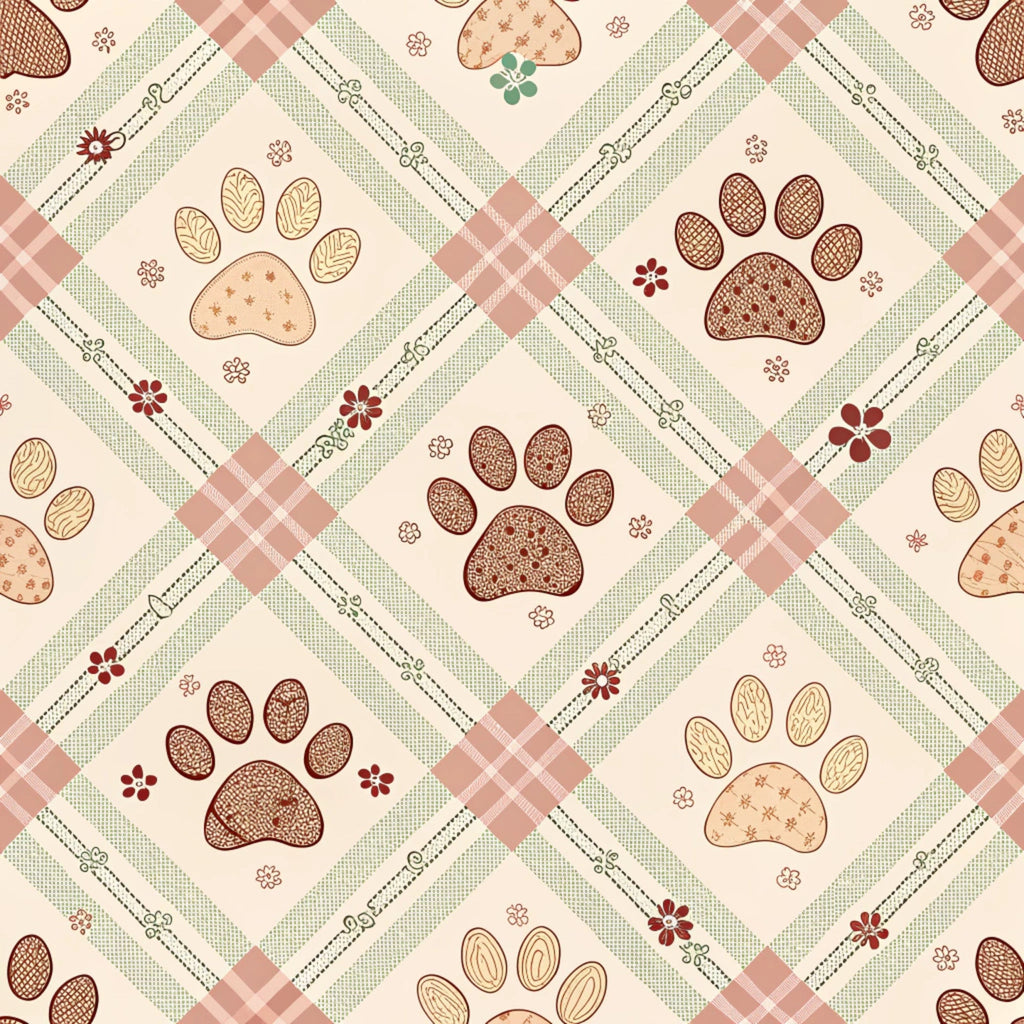 dog paws, paw prints,, fabric panel, plaid pattern, gingham checks, floral motifs, cream background, sage green, dusty rose, burgundy, brown tones, pet themed, diamond lattice, country style, pastoral design, checkered borders, animal prints, quilting fabric, cotton material