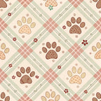 dog paws, paw prints,, fabric panel, plaid pattern, gingham checks, floral motifs, cream background, sage green, dusty rose, burgundy, brown tones, pet themed, diamond lattice, country style, pastoral design, checkered borders, animal prints, quilting fabric, cotton material