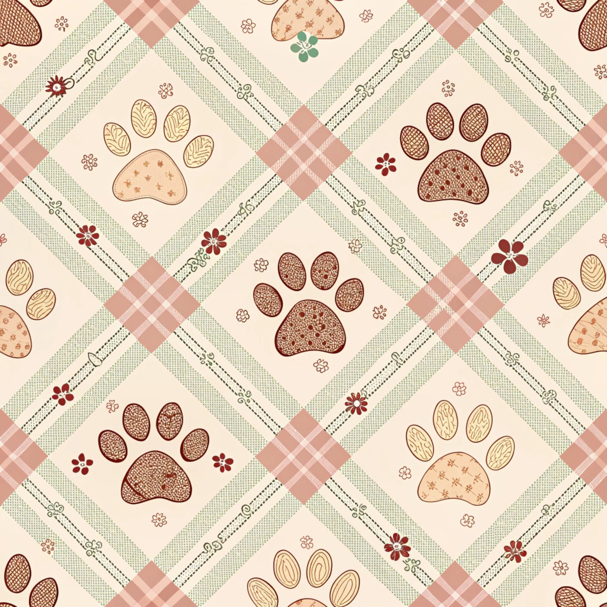 dog paws, paw prints,, fabric panel, plaid pattern, gingham checks, floral motifs, cream background, sage green, dusty rose, burgundy, brown tones, pet themed, diamond lattice, country style, pastoral design, checkered borders, animal prints, quilting fabric, cotton material