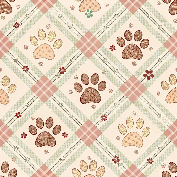 dog paws, paw prints,, fabric panel, plaid pattern, gingham checks, floral motifs, cream background, sage green, dusty rose, burgundy, brown tones, pet themed, diamond lattice, country style, pastoral design, checkered borders, animal prints, quilting fabric, cotton material