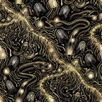 gold and black, black background, gold accents, metallic gold, deep black, ocean theme, nautical, marine life, jellyfish, sea creatures, eels, bioluminescent, underwater, celestial, starry, cosmic, whimsical, elegant, sophisticated, gothic glamour, dark academia, nature inspired, aquatic animals, sea life, flowing patterns, ornate, decorative, vintage engraving style, nursery decor, kids room