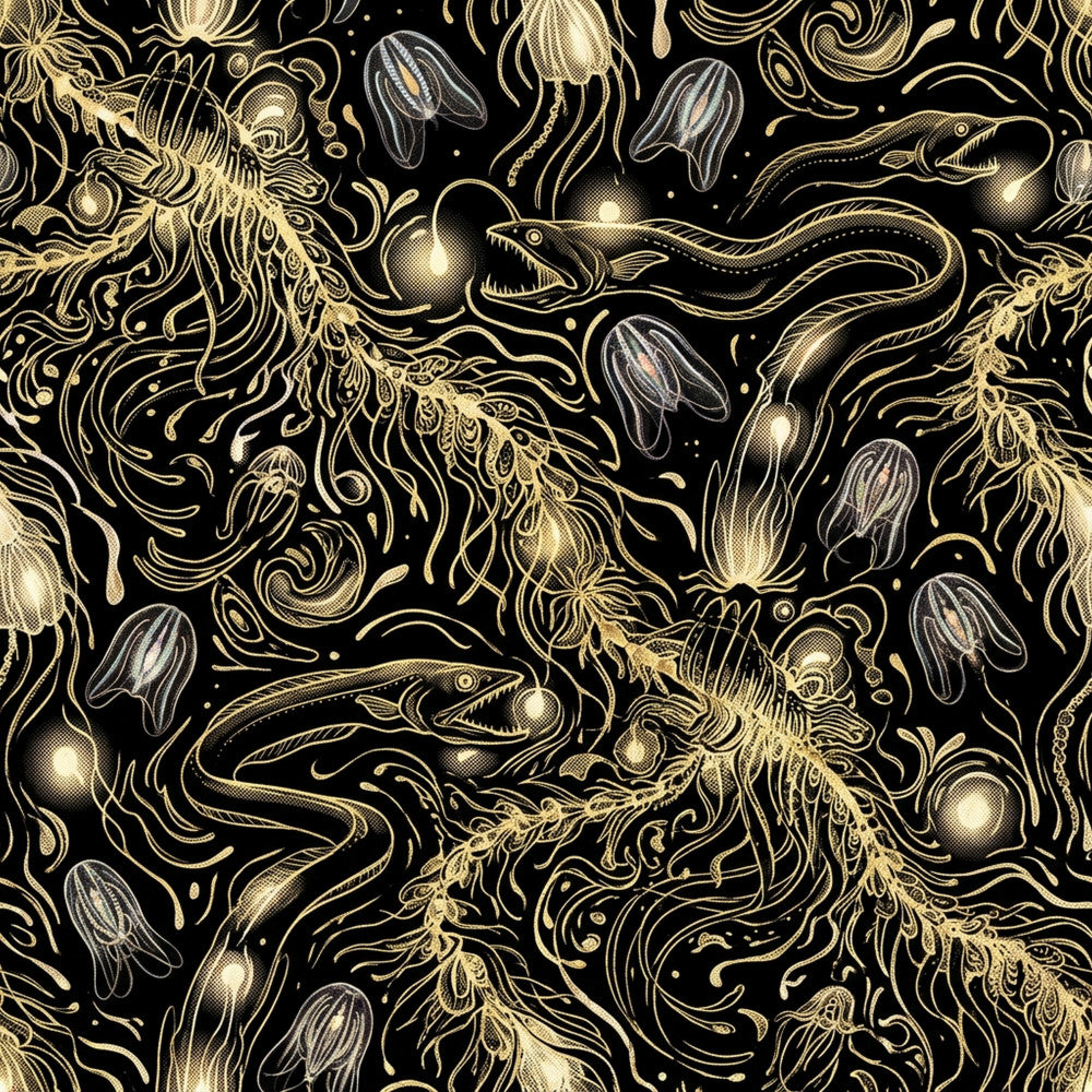 gold and black, black background, gold accents, metallic gold, deep black, ocean theme, nautical, marine life, jellyfish, sea creatures, eels, bioluminescent, underwater, celestial, starry, cosmic, whimsical, elegant, sophisticated, gothic glamour, dark academia, nature inspired, aquatic animals, sea life, flowing patterns, ornate, decorative, vintage engraving style, nursery decor, kids room