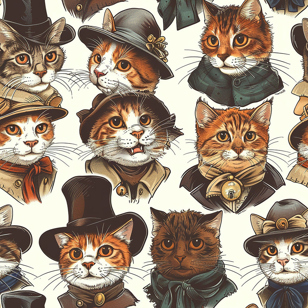 victorian cats, orange tabby, brown cats, white cats, vintage hats, bow ties, formal attire, period clothing, whimsical pattern, repeating design,, fabric panel, anthropomorphic animals, steampunk style, amber eyes, whiskers, feline portraits, earth tones, cream background, novelty print