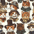 victorian cats, orange tabby, brown cats, white cats, vintage hats, bow ties, formal attire, period clothing, whimsical pattern, repeating design,, fabric panel, anthropomorphic animals, steampunk style, amber eyes, whiskers, feline portraits, earth tones, cream background, novelty print