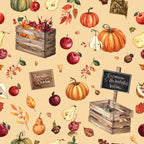 autumn harvest, fall, cream, beige, tan, burnt orange, deep red, burgundy, wine red, pumpkin, pears, apples, farmhouse, rustic, vintage, country, botanical, nature, fruits, vegetables, leaves, acorns, wooden crates, market stand, harvest theme, thanksgiving, seasonal, whimsical, illustrated, watercolor style