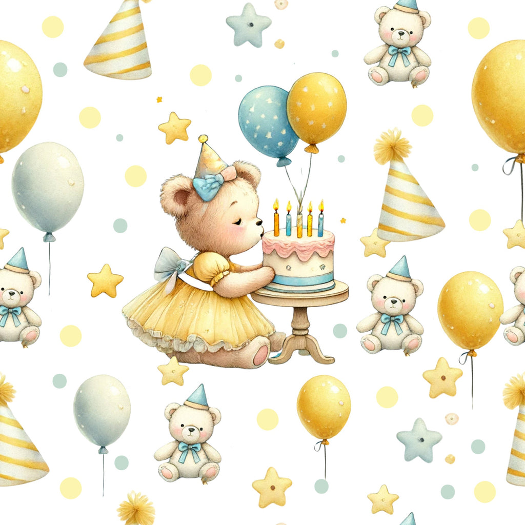 teddy bears, birthday celebration, balloons, party hats, birthday cake, candles, yellow tulle dress, pastel colors, mint green, soft yellow, watercolor style, stars, polka dots, striped hats, bow tie,, fabric panel, whimsical pattern, children's fabric, nursery theme, celebration motif
