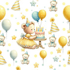 teddy bears, birthday celebration, balloons, party hats, birthday cake, candles, yellow tulle dress, pastel colors, mint green, soft yellow, watercolor style, stars, polka dots, striped hats, bow tie,, fabric panel, whimsical pattern, children's fabric, nursery theme, celebration motif