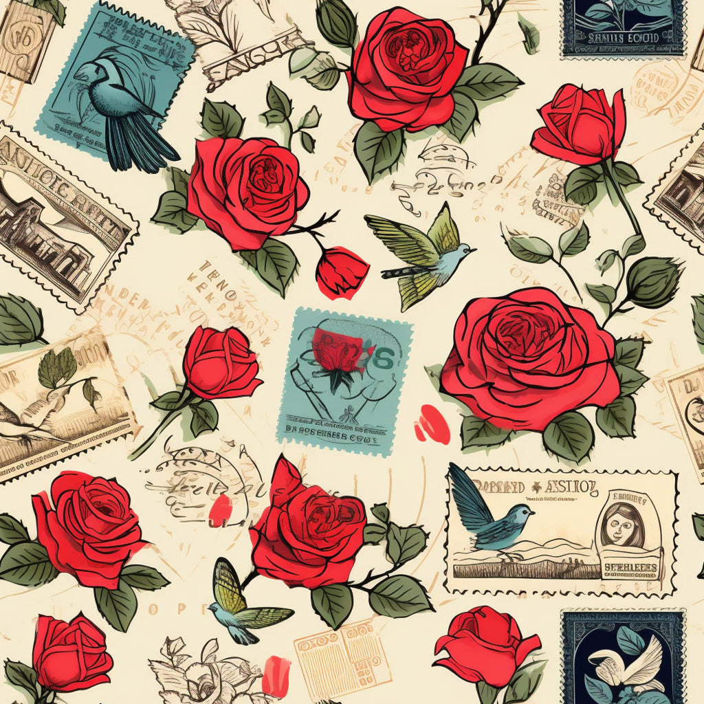 vintage stamps, red roses,, fabric panel, hummingbirds, postal theme, cream background, green leaves, romantic motifs, floral pattern, postmark designs, bird illustrations, rose blooms, nostalgic style, cotton fabric, quilting material, stamped letters, botanical elements, vintage aesthetic, love theme
