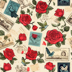 vintage stamps, red roses,, fabric panel, hummingbirds, postal theme, cream background, green leaves, romantic motifs, floral pattern, postmark designs, bird illustrations, rose blooms, nostalgic style, cotton fabric, quilting material, stamped letters, botanical elements, vintage aesthetic, love theme
