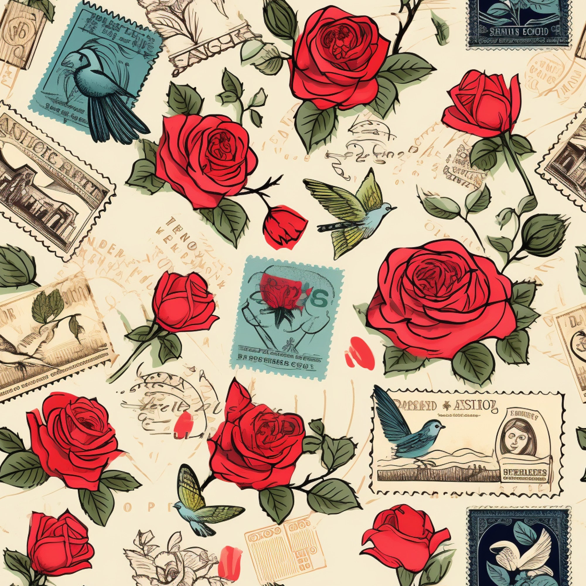 vintage stamps, red roses,, fabric panel, hummingbirds, postal theme, cream background, green leaves, romantic motifs, floral pattern, postmark designs, bird illustrations, rose blooms, nostalgic style, cotton fabric, quilting material, stamped letters, botanical elements, vintage aesthetic, love theme