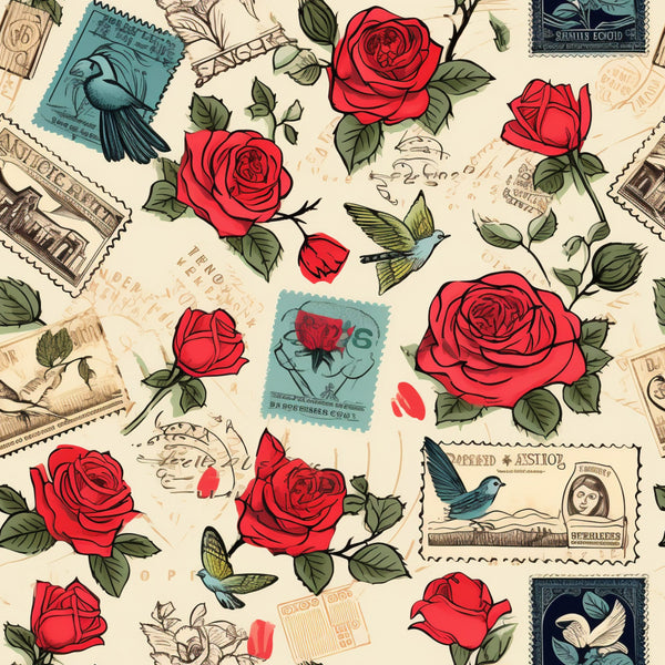 vintage stamps, red roses,, fabric panel, hummingbirds, postal theme, cream background, green leaves, romantic motifs, floral pattern, postmark designs, bird illustrations, rose blooms, nostalgic style, cotton fabric, quilting material, stamped letters, botanical elements, vintage aesthetic, love theme
