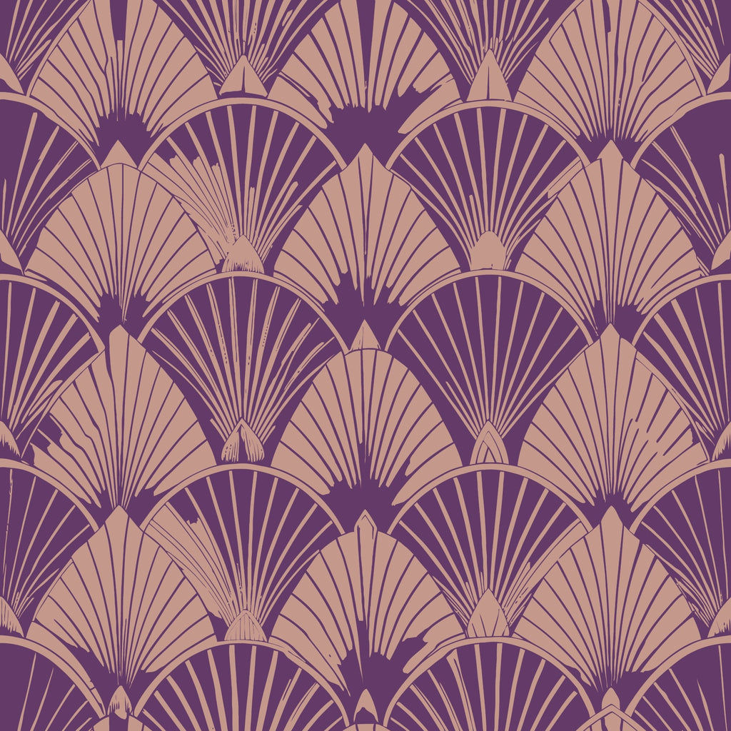 purple, beige, tan, art deco, fan pattern, geometric design, repeating motifs, radiating lines, scalloped shapes, vintage style, 1920s inspired, elegant pattern,, fabric panel, stylized fans, symmetrical design, decorative motifs, layered pattern, sophisticated palette