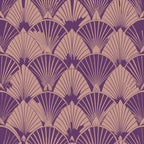 purple, beige, tan, art deco, fan pattern, geometric design, repeating motifs, radiating lines, scalloped shapes, vintage style, 1920s inspired, elegant pattern,, fabric panel, stylized fans, symmetrical design, decorative motifs, layered pattern, sophisticated palette