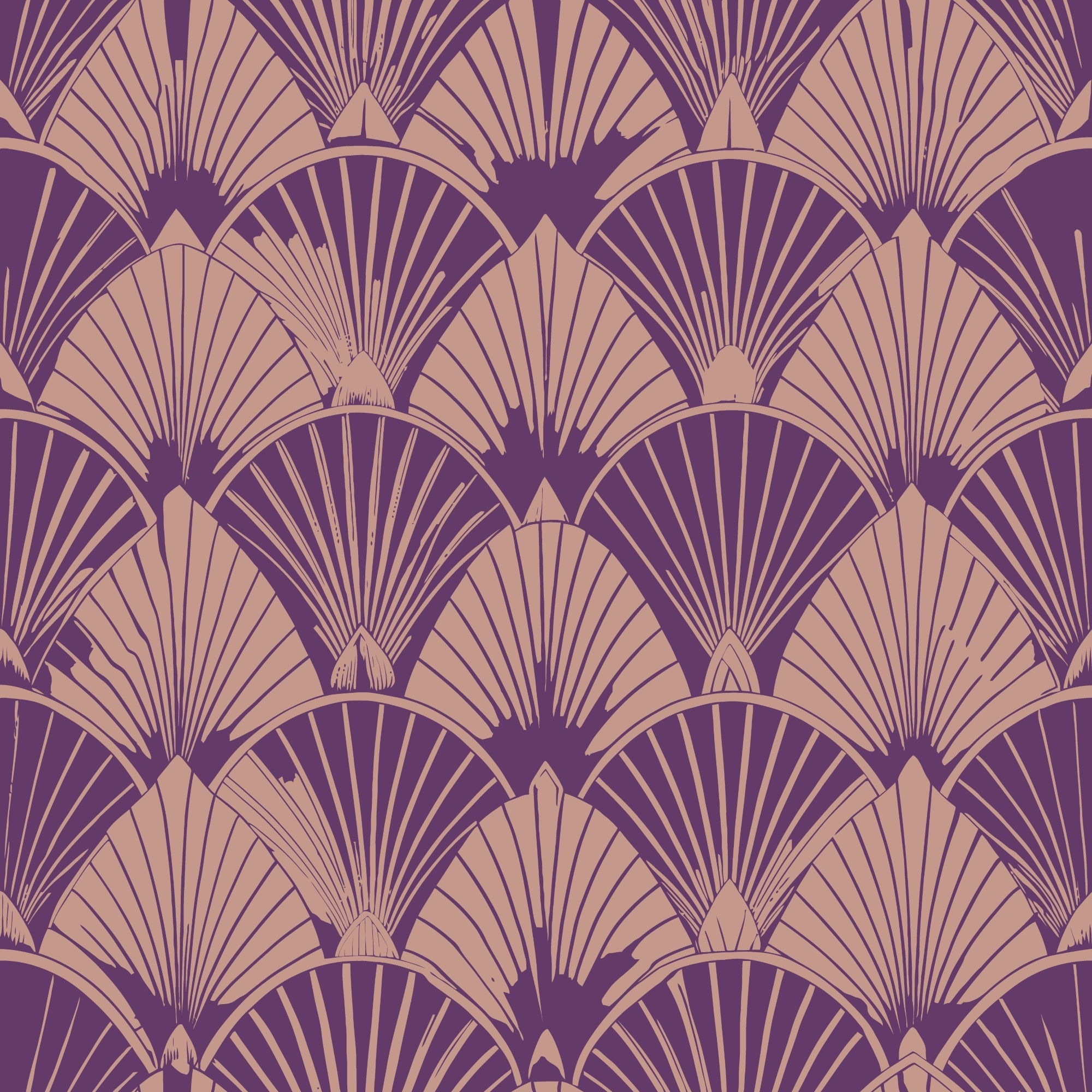 purple, beige, tan, art deco, fan pattern, geometric design, repeating motifs, radiating lines, scalloped shapes, vintage style, 1920s inspired, elegant pattern,, fabric panel, stylized fans, symmetrical design, decorative motifs, layered pattern, sophisticated palette