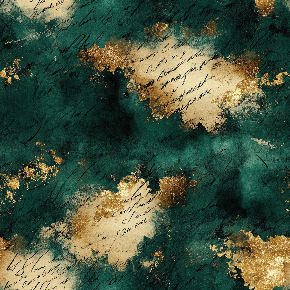 teal, emerald green, forest green, gold, champagne, cream, vintage, elegant, abstract, watercolor, distressed, grunge, script, handwriting, literary, artistic, modern, sophisticated, luxury, texture, ink wash, mixed media, neutral aesthetic, glamorous, timeless, neutral tones, calming, statement fabric, home decor