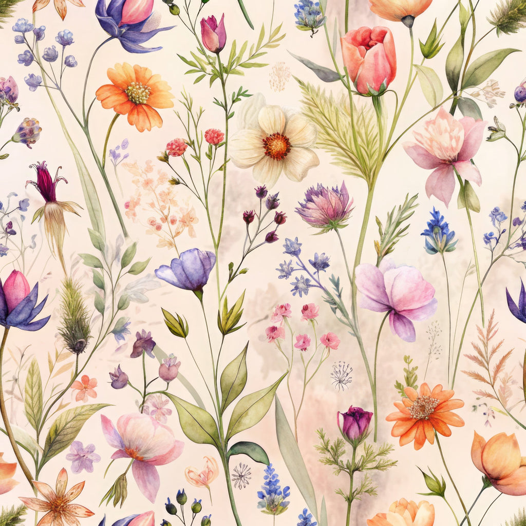watercolor wildflowers, botanical pattern, pastel colors, pink blooms, purple flowers, orange daisies, blue blossoms, delicate stems, meadow flowers, soft background, floral illustration,, fabric panel, nature motifs, spring florals, whimsical style, scattered blooms, garden flowers, textile design, crafting material