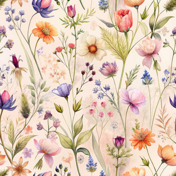 watercolor wildflowers, botanical pattern, pastel colors, pink blooms, purple flowers, orange daisies, blue blossoms, delicate stems, meadow flowers, soft background, floral illustration,, fabric panel, nature motifs, spring florals, whimsical style, scattered blooms, garden flowers, textile design, crafting material