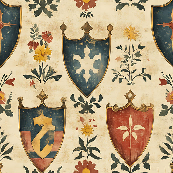 rustic shields, heraldic banners, medieval crests, floral motifs, cream background, teal blue, burgundy red, golden yellow, botanical elements, aged texture, vintage appearance, coat of arms, decorative crowns,, fabric panel, distressed finish, autumn flowers, folk art style, germanic design, weathered patina