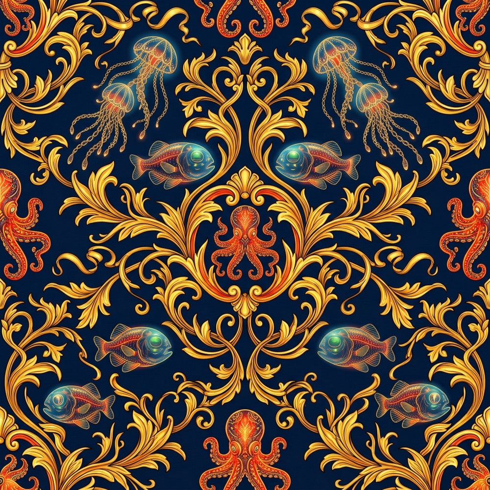 navy blue, gold, yellow, coral, red, orange, teal, metallic gold, damask, baroque, ornamental, ocean, nautical, underwater, sea creatures, marine life, fish, jellyfish, octopus, vintage, elegant, luxurious, ornate, whimsical, coastal, sea life, tropical, decorative, royal, sophisticated