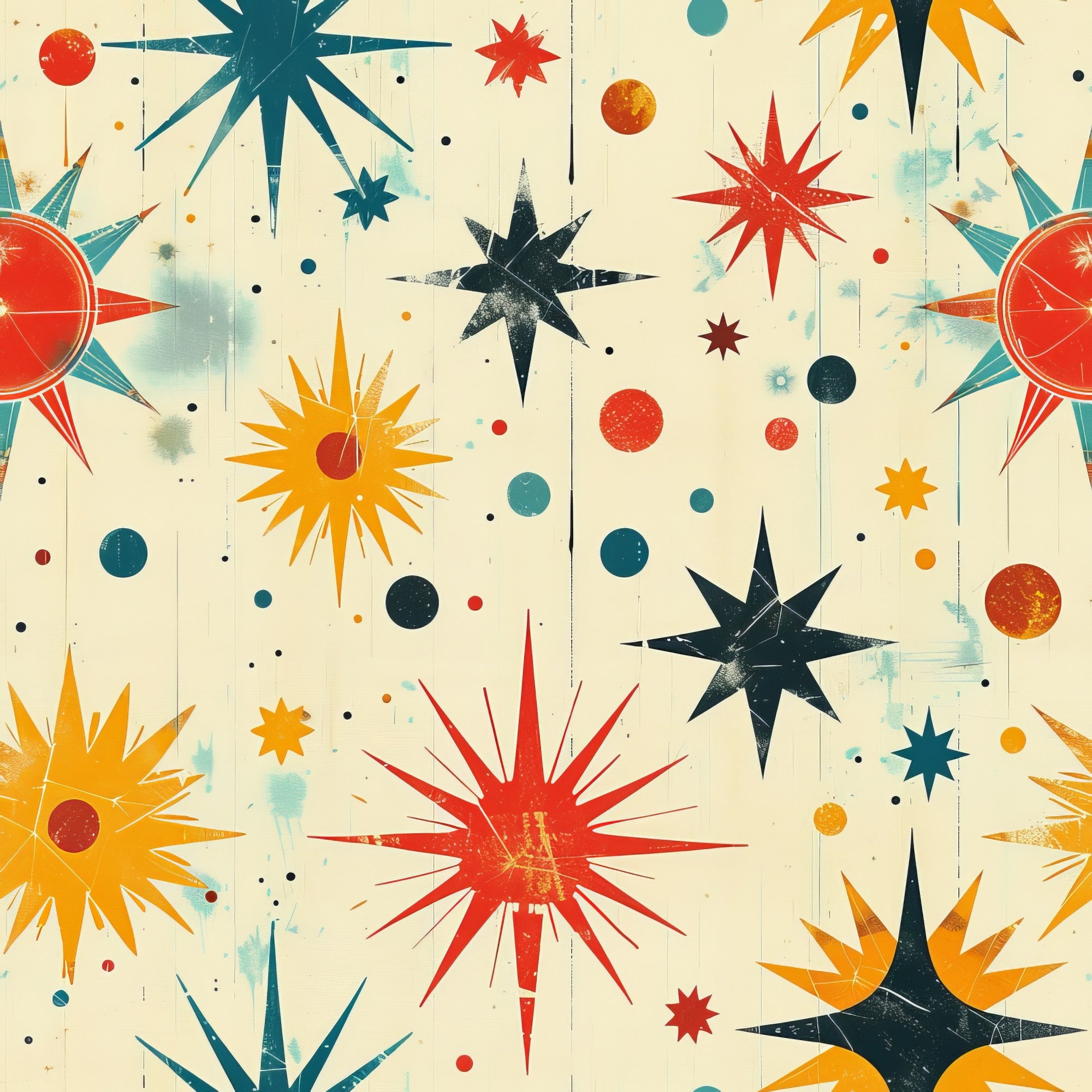 retro starburst, mid-century modern, atomic age, red orange yellow, teal navy blue, cream background, geometric stars, sunburst design, vintage inspired, space age motif,, fabric panel, dotted accents, radiating spikes, nostalgic pattern, boomerang shapes, textured elements, distressed finish, abstract celestial