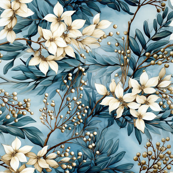 cream white flowers, teal blue leaves, gold berries, ivory petals, slate blue foliage, botanical floral, nature theme, elegant style, modern floral, spring flowers, soft color palette, delicate florals, garden inspired, whimsical design, luxury aesthetic, metallic accents, branch motifs, berry clusters, sophisticated pattern, calming colors, dreamy botanical, traditional floral, decorative elements, light blue background, warm gold tones, peaceful nature, botanical garden, refined elegance