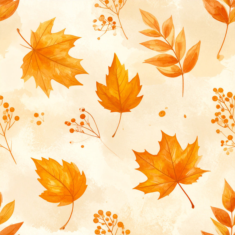 autumn leaves, fall foliage, maple leaves, orange, golden yellow, burnt orange, cream, beige, nature, botanical, seasonal, autumn, fall, floral, leaf pattern, berry sprigs, rustic, warm tones, harvest, thanksgiving, cozy, natural, woodland, decorative leaves, compound leaves, berry branches, earthy tones, traditional, nursery