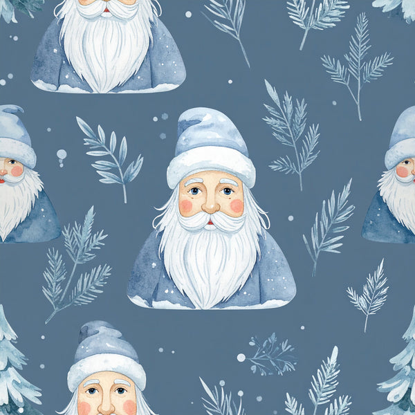 slate blue, white, cream, winter, christmas, holiday, santa, gnome, beard, festive, whimsical, vintage, evergreen, pine branches, frost, snow, rustic, traditional, children, kids room, nursery, playroom, gender neutral, cozy, magical, jolly, rosy cheeks, winter foliage, scandinavian, folk art