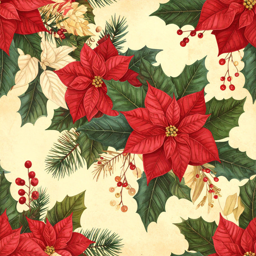 christmas, holiday, poinsettia, red poinsettia, cream, red, forest green, dark green, gold, burgundy, floral, botanical, festive, elegant, traditional, vintage, nature, winter, evergreen, holly, berries, pine branches, seasonal, decorative, classic holiday, timeless, sophisticated, red flowers, white background