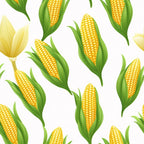 yellow corn, golden kernels, green husks, corn cobs, vegetable pattern, harvest theme, botanical design, seamless repeat, bright yellow, lime green, farm produce, agriculture motif, food illustration, summer crops, realistic style,, fabric panel, kitchen theme, country style, gardening motif