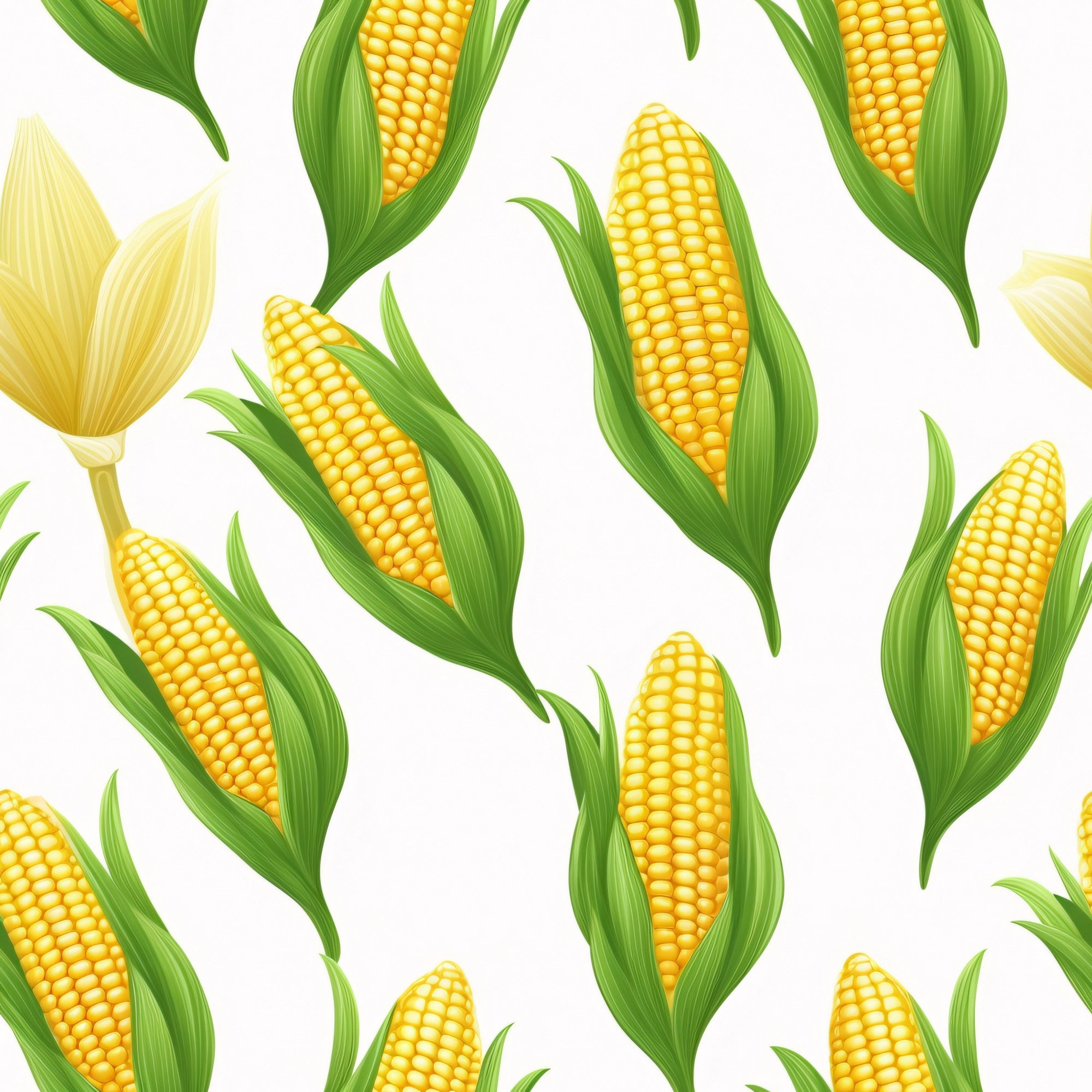 yellow corn, golden kernels, green husks, corn cobs, vegetable pattern, harvest theme, botanical design, seamless repeat, bright yellow, lime green, farm produce, agriculture motif, food illustration, summer crops, realistic style,, fabric panel, kitchen theme, country style, gardening motif