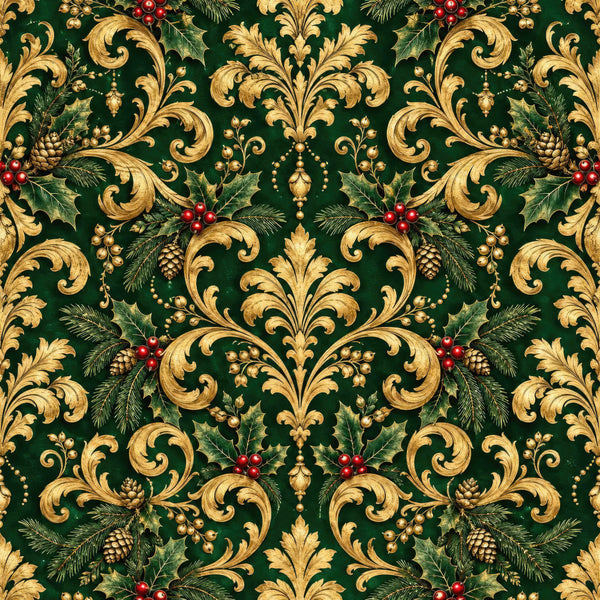 forest green, gold, red, burgundy, cream, damask, floral, scrollwork, ornamental, baroque, victorian, elegant, luxury, holiday, christmas, festive, holly, pinecones, berries, leaves, traditional, ornate, botanical, vintage, classical, decorative, formal, sophisticated, winter, evergreen
