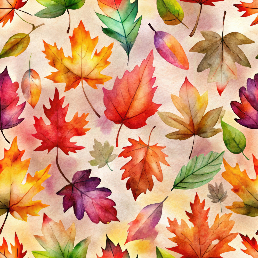 autumn leaves, fall foliage, watercolor leaves, maple leaves, red leaves, orange leaves, yellow leaves, golden yellow, burnt orange, coral pink, purple leaves, green leaves, nature theme, seasonal, autumn colors, fall colors, watercolor pattern, botanical, leaf motif, transitional style, whimsical, vibrant colors, multi-color, kids room, playroom, nature lover, harvest theme, colorful leaves