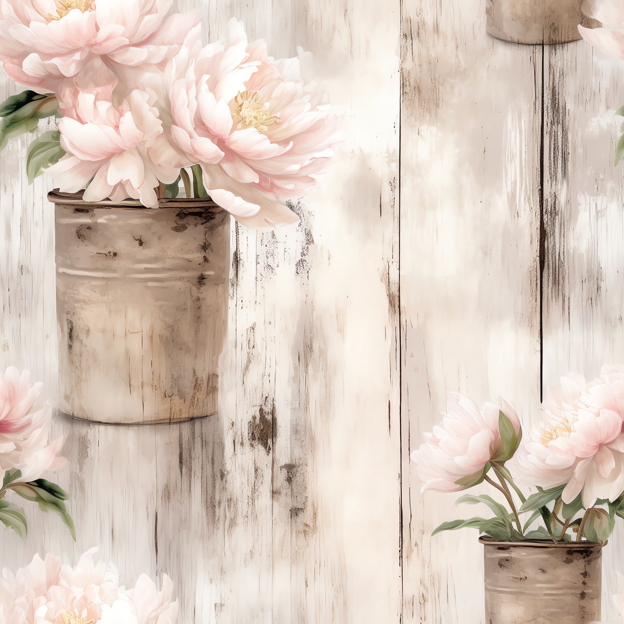 blush pink, pale pink, cream, beige, weathered wood, distressed wood, peonies, floral blooms, rustic buckets, metal containers, farmhouse style, shabby chic, vintage aesthetic,, fabric panel, soft pastels, botanical design, country charm, rustic floral, weathered finish