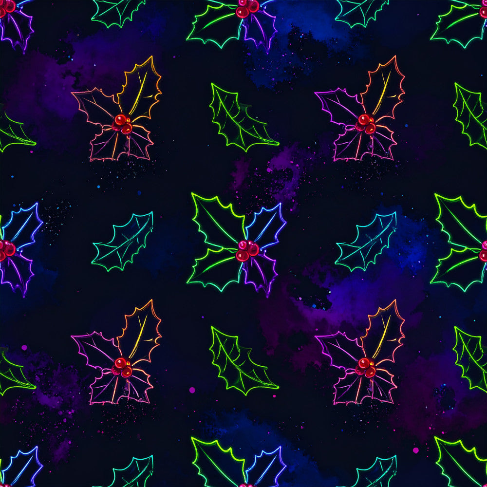 neon holly, neon christmas, bright neon, holiday lights, festive neon, dark navy, deep purple, electric green, hot pink, red berries, cyan blue, glowing pattern, neon glow, christmas theme, holiday decor, winter season, glitter effect, sparkle, modern holiday, whimsical lights, festive pattern, geometric holly, abstract neon, playroom, kids room, celestial dark sky, starry background, contemporary holiday, vibrant neon