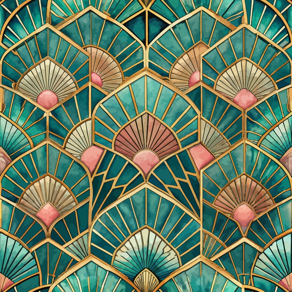 teal, emerald green, coral pink, gold accents, art deco, fan motifs, geometric pattern, shell designs, radiating lines, ornate details,, fabric panel, vintage inspired, elegant style, luxury aesthetic, peacock feathers, scalloped edges, metallic highlights, jewel tones