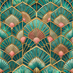 teal, emerald green, coral pink, gold accents, art deco, fan motifs, geometric pattern, shell designs, radiating lines, ornate details,, fabric panel, vintage inspired, elegant style, luxury aesthetic, peacock feathers, scalloped edges, metallic highlights, jewel tones