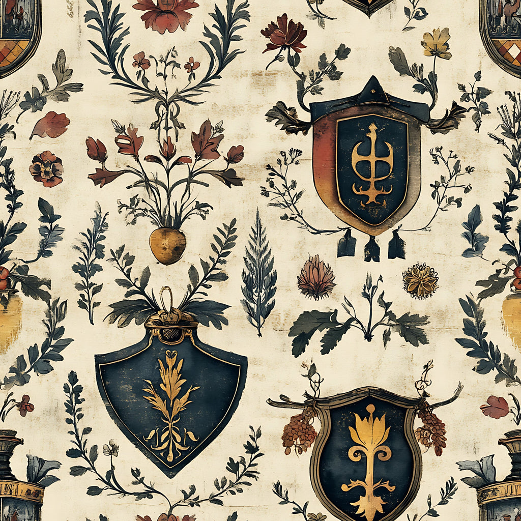 cream background, navy blue, rust red, golden yellow, heraldic shields, botanical motifs, floral elements, leaf patterns, cross symbols, wheat sheaves, decorative banners, medieval style, rustic aesthetic,, fabric panel, german inspired, coat of arms, vintage look, ornate designs, scattered florals