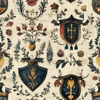 cream background, navy blue, rust red, golden yellow, heraldic shields, botanical motifs, floral elements, leaf patterns, cross symbols, wheat sheaves, decorative banners, medieval style, rustic aesthetic,, fabric panel, german inspired, coat of arms, vintage look, ornate designs, scattered florals