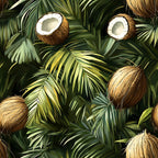 coconut pattern, tropical leaves, palm fronds, brown coconuts, green foliage, jungle theme, botanical design,, fabric panel, tropical fruit, layered leaves, nature motif, exotic plants, summer vibes, lush greenery, coconut halves, tropical paradise, dense foliage, natural elements