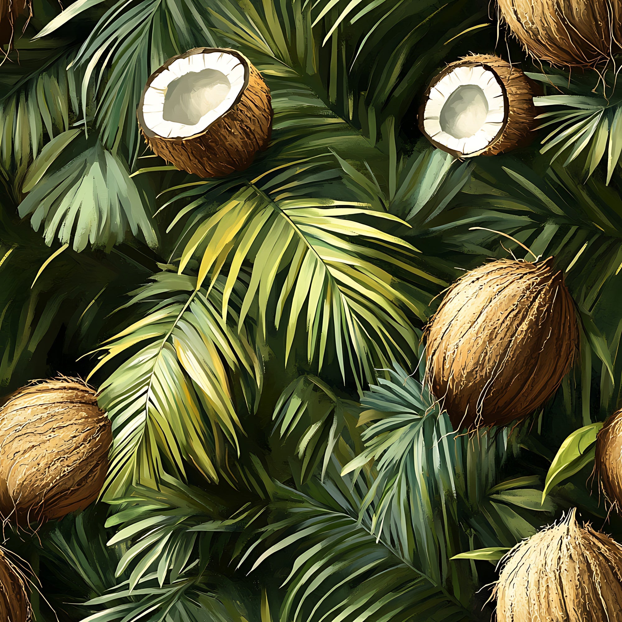 coconut pattern, tropical leaves, palm fronds, brown coconuts, green foliage, jungle theme, botanical design,, fabric panel, tropical fruit, layered leaves, nature motif, exotic plants, summer vibes, lush greenery, coconut halves, tropical paradise, dense foliage, natural elements
