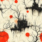 gothic architecture, blood moon, red circles, bare trees, haunted castle, cream background, black silhouettes, spooky atmosphere, horror theme, dripping effects, leafless branches, medieval buildings, eerie mood,, fabric panel, halloween motif, dark fantasy, crimson accents, abandoned manor, supernatural scene