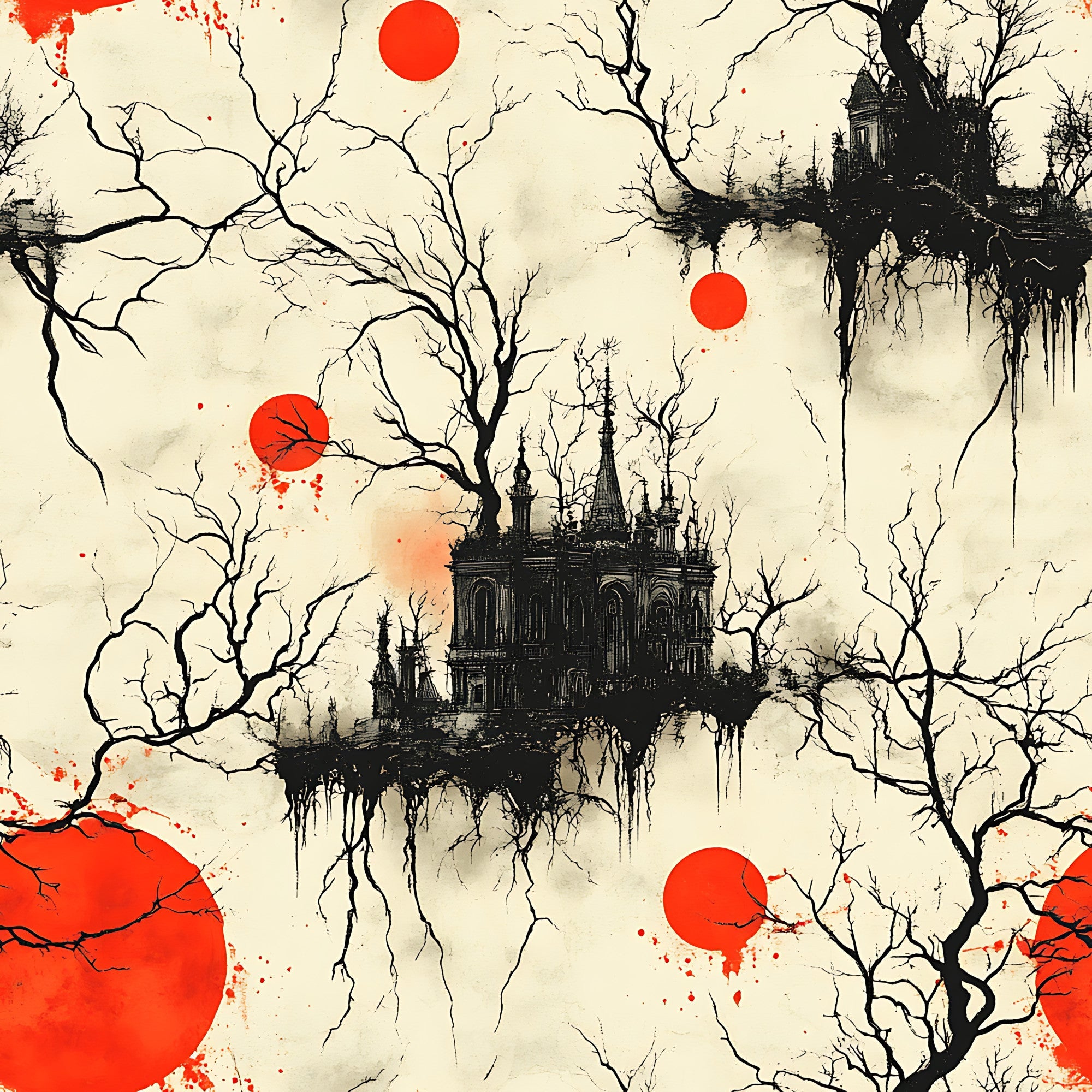 gothic architecture, blood moon, red circles, bare trees, haunted castle, cream background, black silhouettes, spooky atmosphere, horror theme, dripping effects, leafless branches, medieval buildings, eerie mood,, fabric panel, halloween motif, dark fantasy, crimson accents, abandoned manor, supernatural scene
