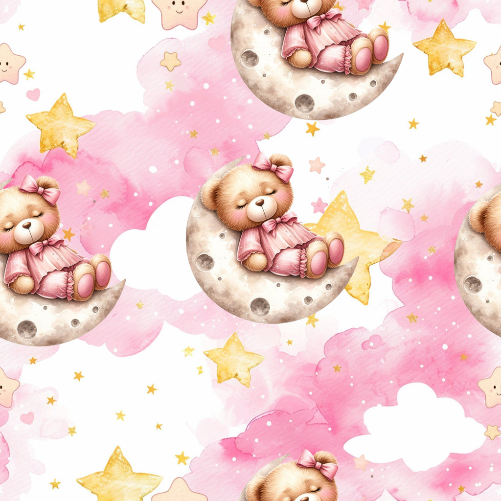 pink, baby teddy bears,, fabric panel, watercolor style, crescent moon, golden stars, pastel clouds, nursery theme, cute animals, soft pink, cream, yellow stars, sleeping bears, whimsical design, children's fabric, baby girl, dreamy atmosphere, celestial motifs, repeating pattern