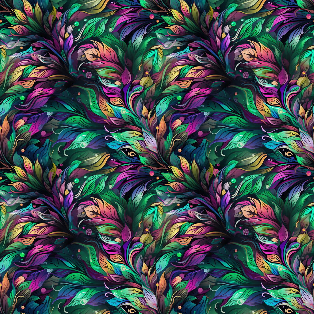 vibrant feathers, peacock plumage, emerald green, magenta pink, turquoise blue, golden yellow, purple accents, ornate pattern, flowing design, swirling motifs, tropical birds, iridescent colors, decorative plumes, repeating pattern,, fabric panel, mardi gras theme, fantasy art style, luxurious textures
