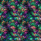 vibrant feathers, peacock plumage, emerald green, magenta pink, turquoise blue, golden yellow, purple accents, ornate pattern, flowing design, swirling motifs, tropical birds, iridescent colors, decorative plumes, repeating pattern,, fabric panel, mardi gras theme, fantasy art style, luxurious textures