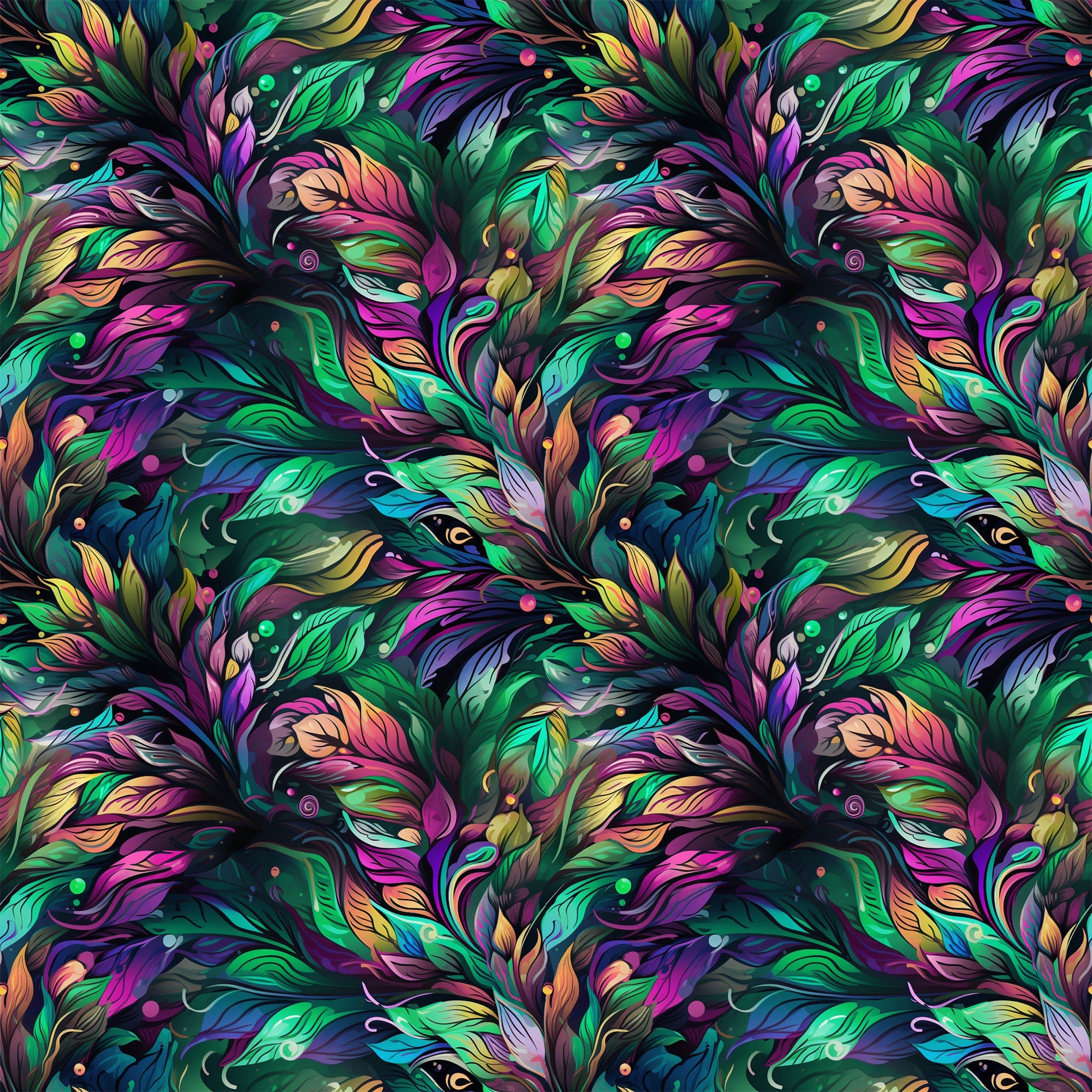 vibrant feathers, peacock plumage, emerald green, magenta pink, turquoise blue, golden yellow, purple accents, ornate pattern, flowing design, swirling motifs, tropical birds, iridescent colors, decorative plumes, repeating pattern,, fabric panel, mardi gras theme, fantasy art style, luxurious textures