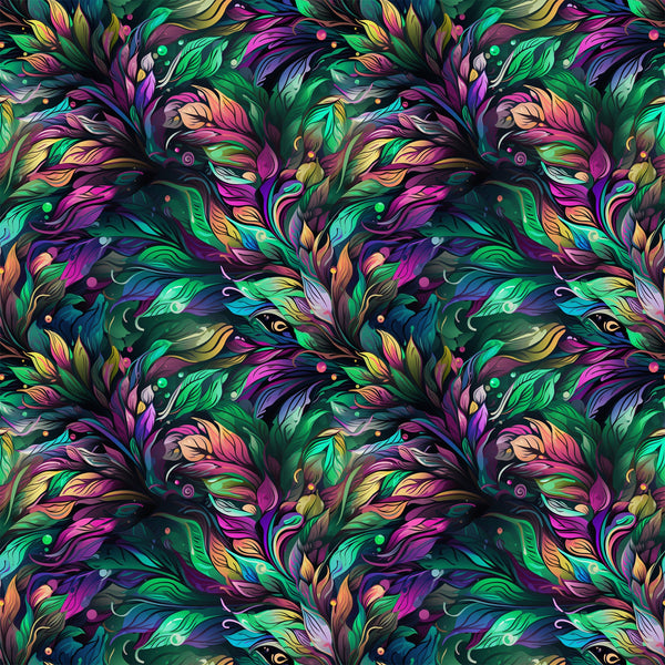 vibrant feathers, peacock plumage, emerald green, magenta pink, turquoise blue, golden yellow, purple accents, ornate pattern, flowing design, swirling motifs, tropical birds, iridescent colors, decorative plumes, repeating pattern,, fabric panel, mardi gras theme, fantasy art style, luxurious textures