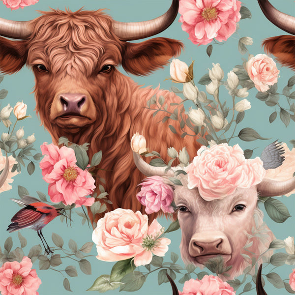 vintage highland cows, floral pattern, pink roses, coral flowers, sage green background, brown cattle, horned cows, botanical elements,, fabric panel, pastoral scene, country farm, rustic charm, soft pastels, romantic florals, cottagecore aesthetic, nature motifs, farmhouse style, whimsical animals, decorative birds