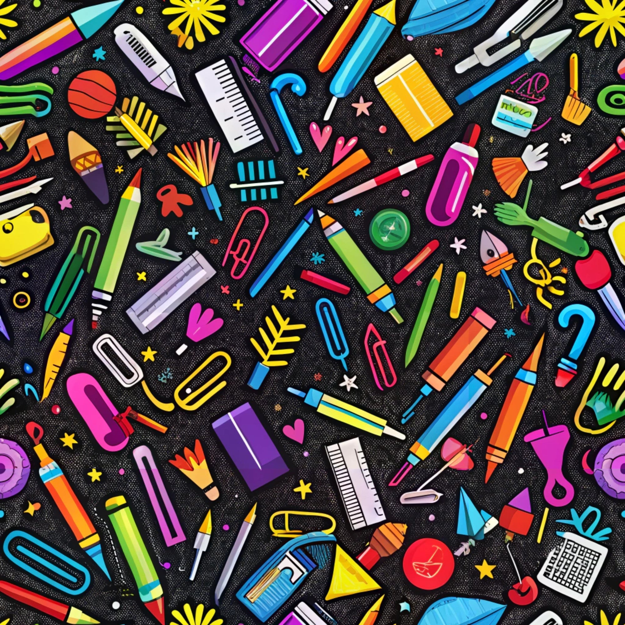 back to school, school supplies,, fabric panel, bright colors, rainbow colors, black background, pencils, pens, rulers, scissors, calculators, paper clips, erasers, markers, crayons, notebooks, geometric shapes, stars, hearts, educational theme, stationery pattern, colorful design, craft supplies, modern illustration