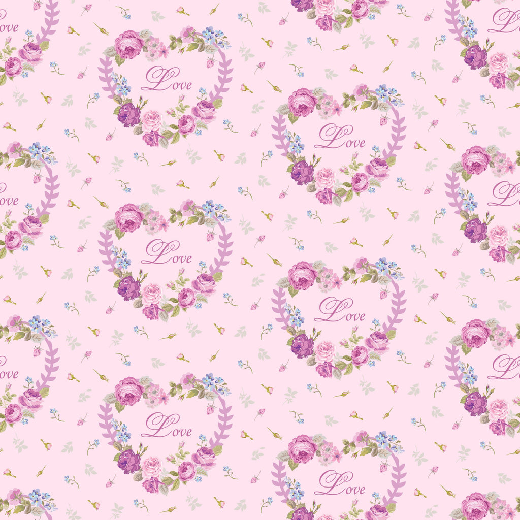 pink background, floral pattern, roses, purple flowers, blue flowers, heart wreaths, love script, romantic motif, shabby chic, vintage style,, fabric panel, tea party theme, delicate florals, pastel colors, repeating pattern, feminine design, cottage core, soft pink, botanical elements
